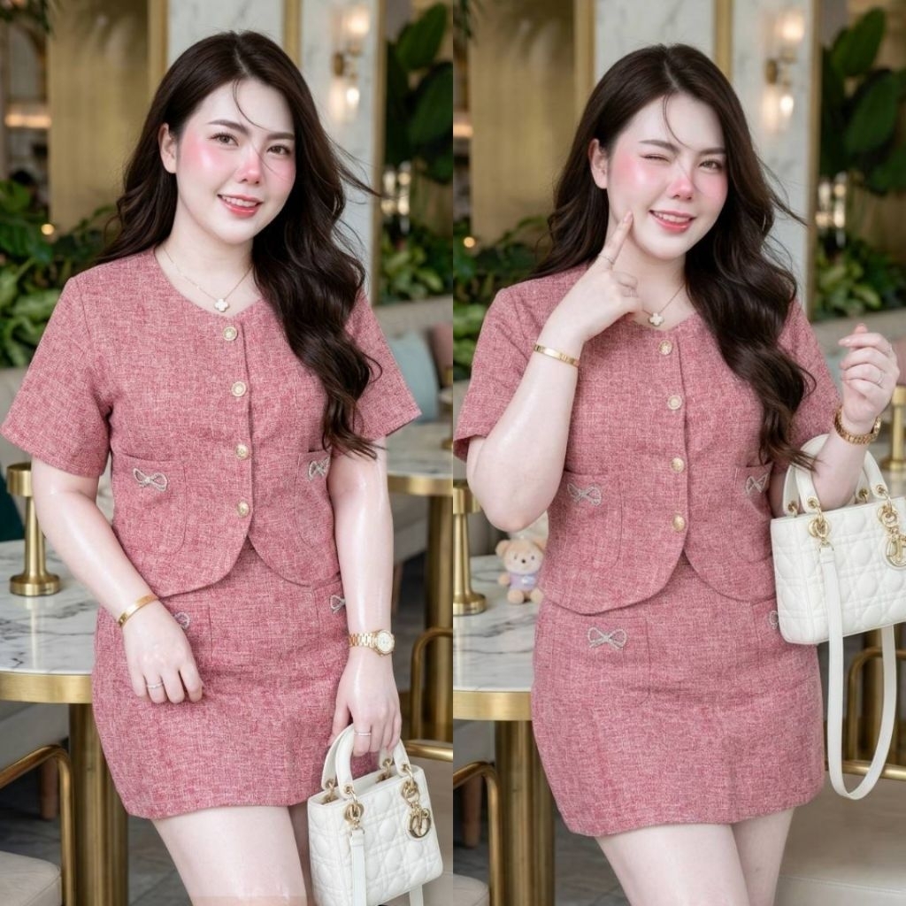 ชุดเซ็ต2ชิ้นเสื้อ+กระโปรงผ้าทวิตแต่งโบว์สาวอวบ