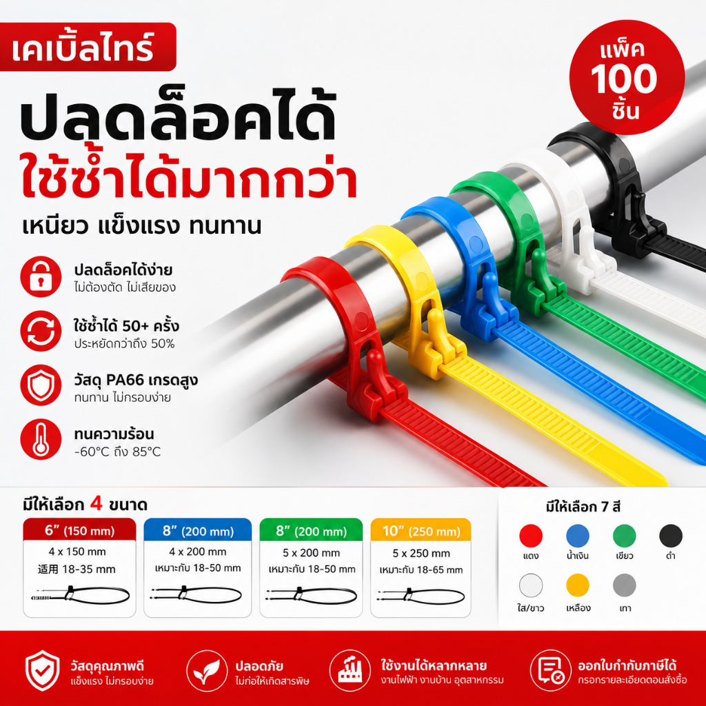 เคเบิ้ลไทร์ปลดล็อคได้ มี 6 สี และแบบคละสี ขนาด 6" 8" และ 10 นิ้ว แพ็คละ 100 ชิ้น สามารถออกใบกำกับภาษีได้ พร้อมส่ง
