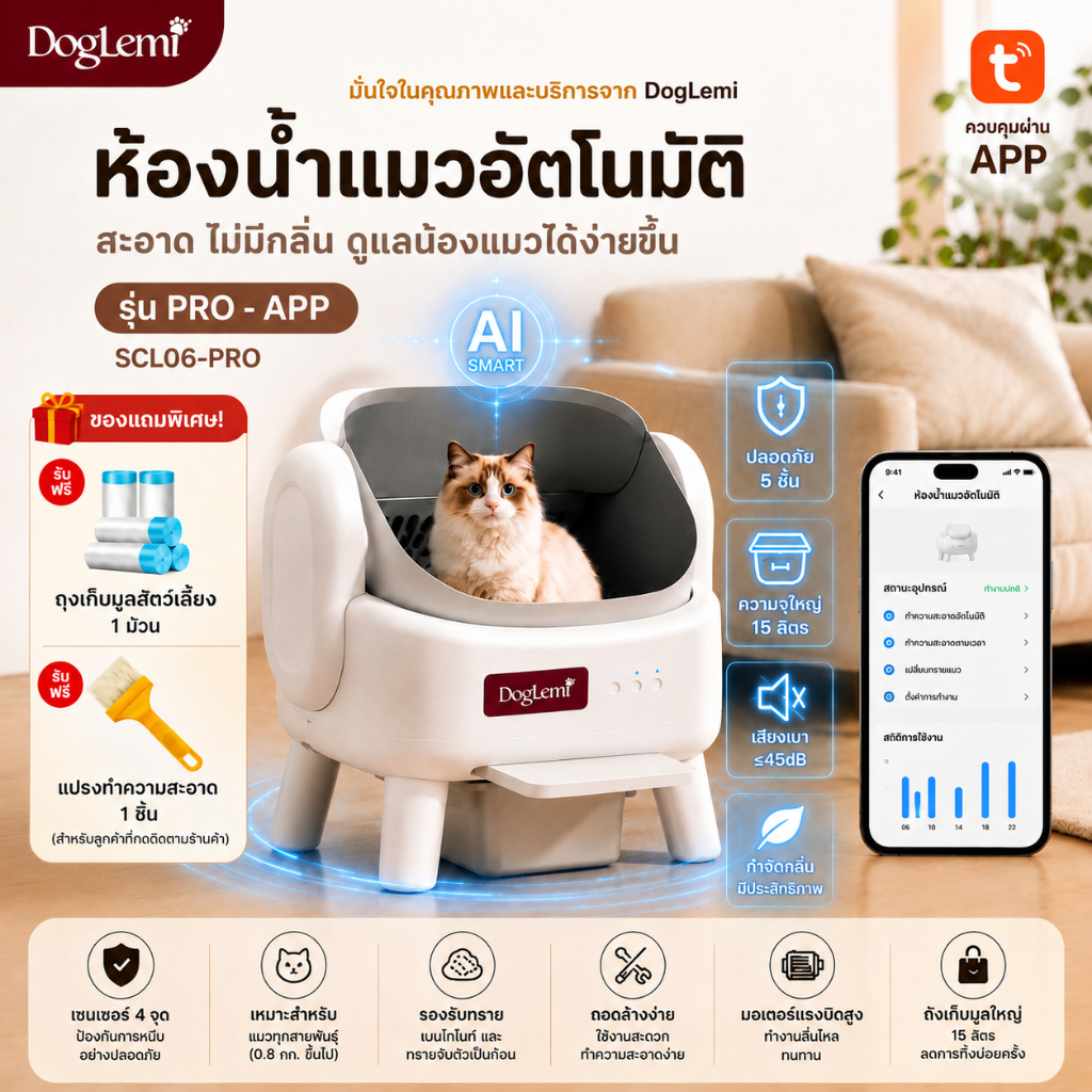 【DogLemi】กระบะทรายแมวอัตโนมัติ รุ่น LITE เก็บมูลอัตโนมัติ ถังใหญ่ 15L ป้องกันหนีบ APP ควบคุม แมวอ้วนใช้ได้  รับประกัน 1
