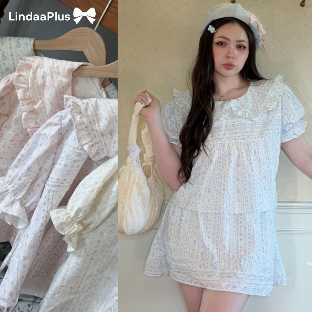 LindaaPlus-- ชุดเซ็ต 𝑳𝒊𝒕𝒕𝒍𝒆 𝒇𝒍𝒐𝒘𝒆𝒓🌸🍃 เสื้อ+กระโปรงสั้น เสื้อคอบัวใหญ่เพิ่มความน่ารัก มีเชือกผูกหลัง ทรงแขนตุ๊กตามินิมอล