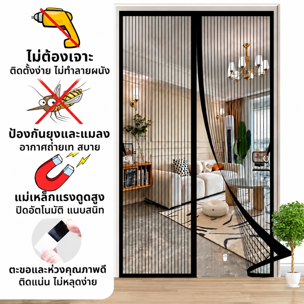 【พร้อมส่ง】ม่านประตูแม่เหล็กกันยุง ปิดเองได้ ระบายอากาศ และป้