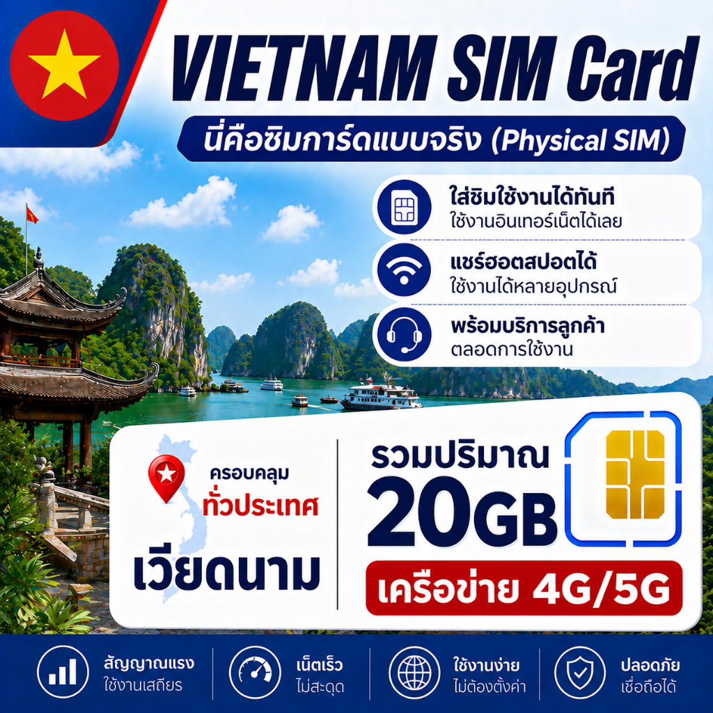 VN Vietnam SIM ซิมเวียดนาม 4G/5G เน็ตความเร็วสูง ใช้งานได้ทั่วประเทศทันที｜เลือกแพ็กเกจ 20GB ได้