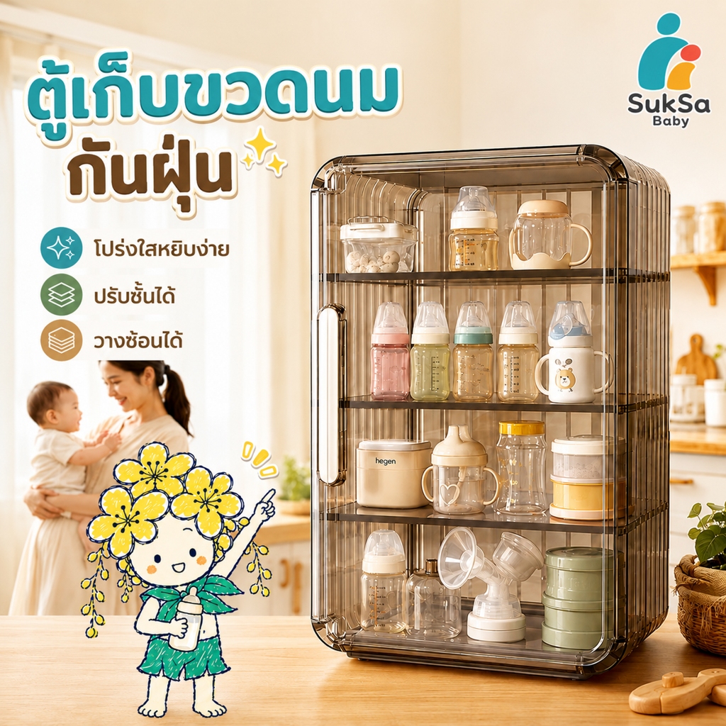 ตู้เก็บขวดนมกันฝุ่น แบบใส 3/4 ชั้น ปรับชั้นได้ วางขวดนม แก้วน้ำ และของใช้ลูกน้อย