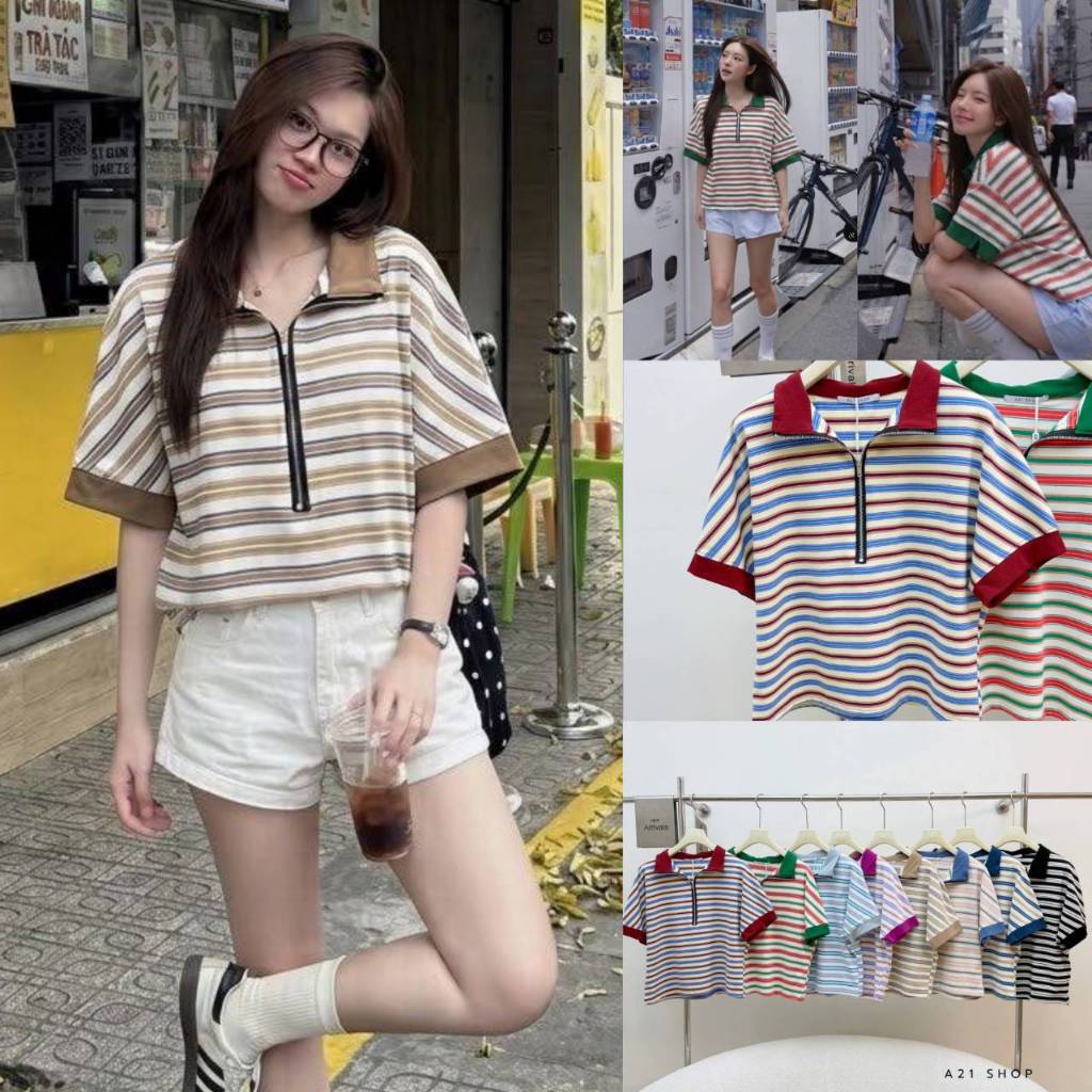 A1167เสื้อคอปกลายริ้วแต่งซิบ