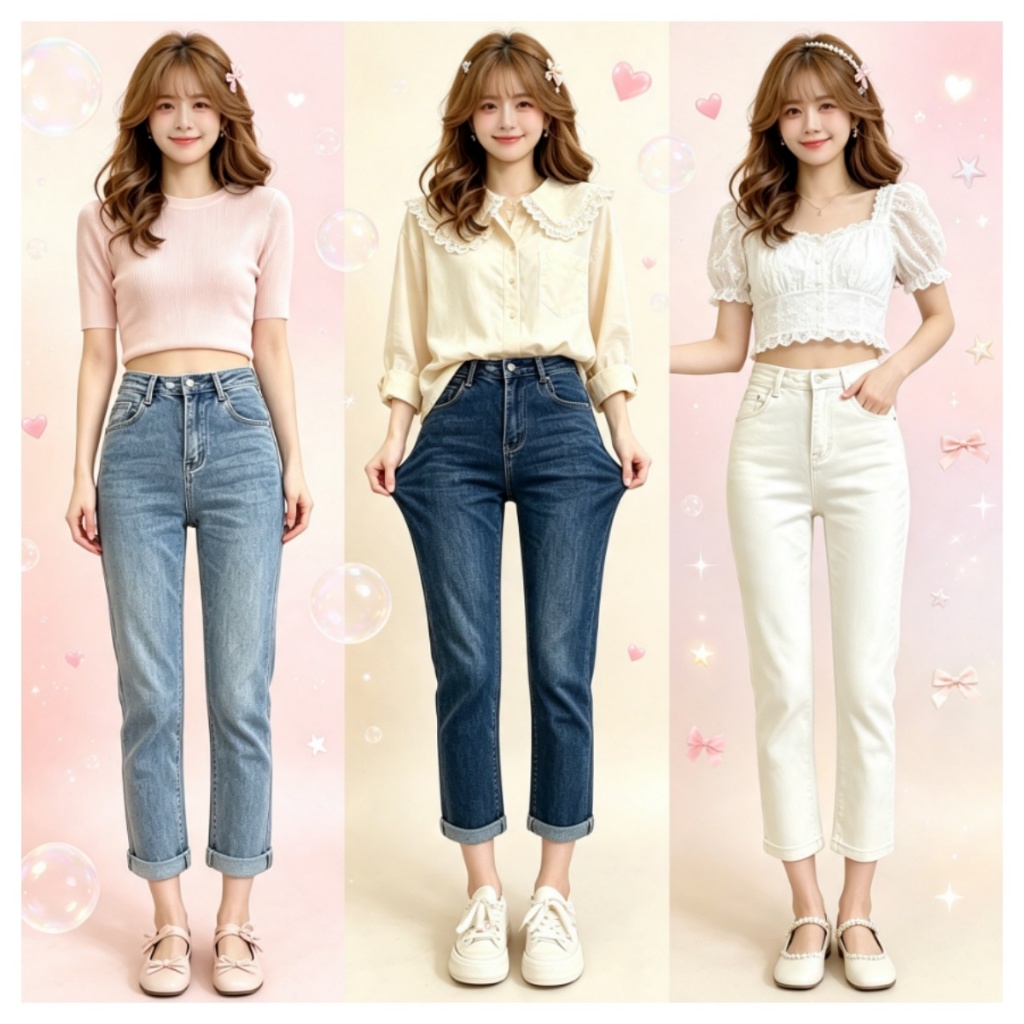 suzllrue7oกางเกงยีนส์ผู้หญิง เอวสูง ขาตรง ขาเก้าสิบ สไตล์ Mom Jeans เกาหลี ผ้ายืด ใส่สบาย ไซส์ S-5XL #V13
