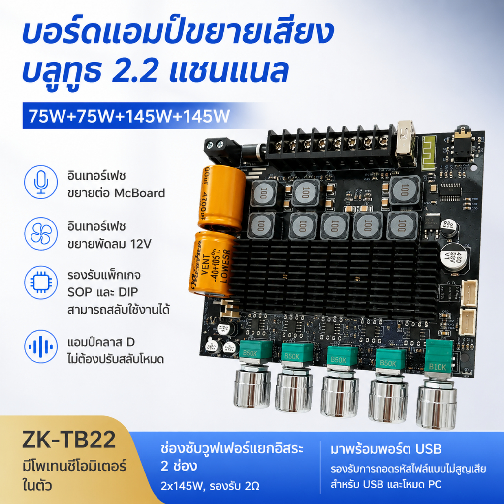 ZK-TB22 แอมป์จิ๋ว Bluetooth 2.2 แชนแนล 75W×2 + 145W×2 รองรับ 2Ω USB OP AMP เปลี่ยนได้ DIY