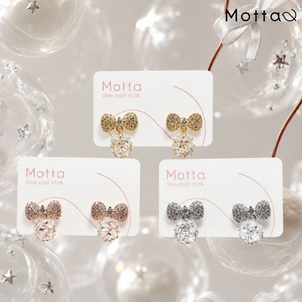 Motta Earring ต่างหูติดหูชุบทองคำขาว ดีไซน์โบว์ห้อยตุ้งติ้งเพชร สวยสะดุดตา