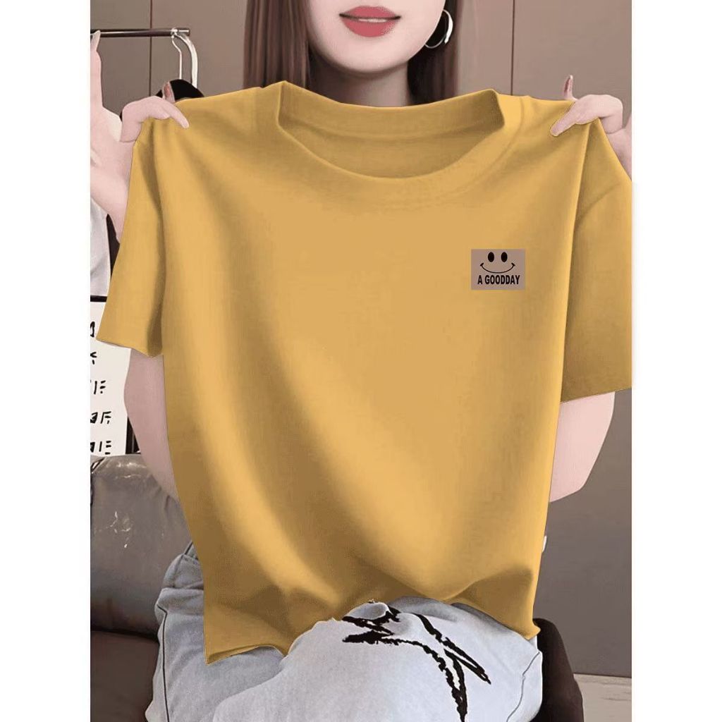 เสื้อยืดแขนสั้นผู้หญิงสไตล์ใหม่สำหรับฤดูร้อน ดีไซน์เรียบง่ายและทันสมัย ​​ลายการ์ตูน สีพื้น เรียบง่ายและใส่ได้หลายโอกาส