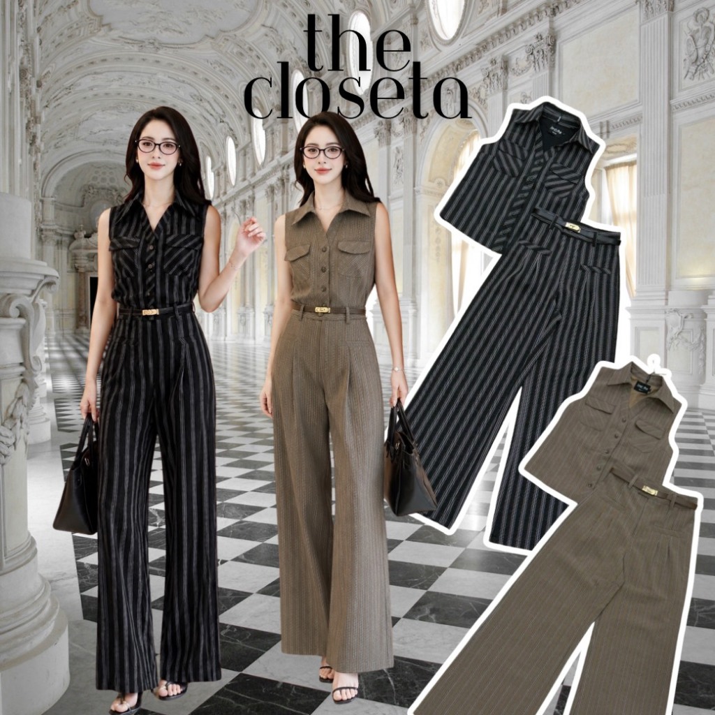 THE CLOSETA : LV355 ชุดเซ็ทเสื้อคอปกแขนกุด+กางเกงขายาวลายริ้ว และเข็มขัดเข้าเซ็ท