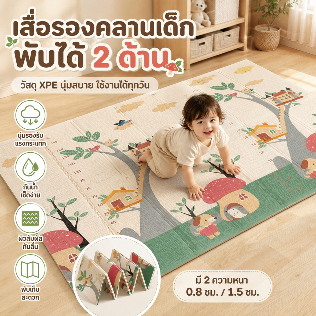 เสื่อรองคลานเด็ก XPE แบบพับ ลาย 2 ด้าน หนา 0.8/1.5 ซม. นุ่มสบาย ช่วยรองรับแรงกระแทก กันน้ำ ทำความสะอาดง่าย