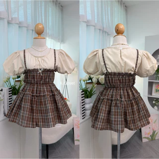 (อก 30-42) เสื้อเอี๊ยมทูโทนเป็นชิ้นติดกัน แขนพองบอลลูนน่ารัก สาวอวบใส่ได้อกถึง 42 นิ้ว