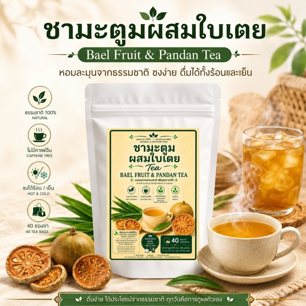 ชามะตูมผสมใบเตย40 ซองชา หอมมะตูม ละมุนกลิ่นใบเตย ไม่มีน้ำตาล ชงง่าย ดื่มได้ทุกเวลา ทั้งร้อนและเย็น ธรรมชาติ 100%