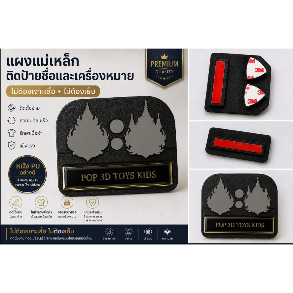 พร้อมส่ง แผงแม่เหล็กติดป้ายชื่อและเครื่องหมาย บุหนัง PU อย่างดี | ไม่ต้องเจาะเสื้อ  แม่เหล็กแรงสูง 3M | POP 3D TOYS