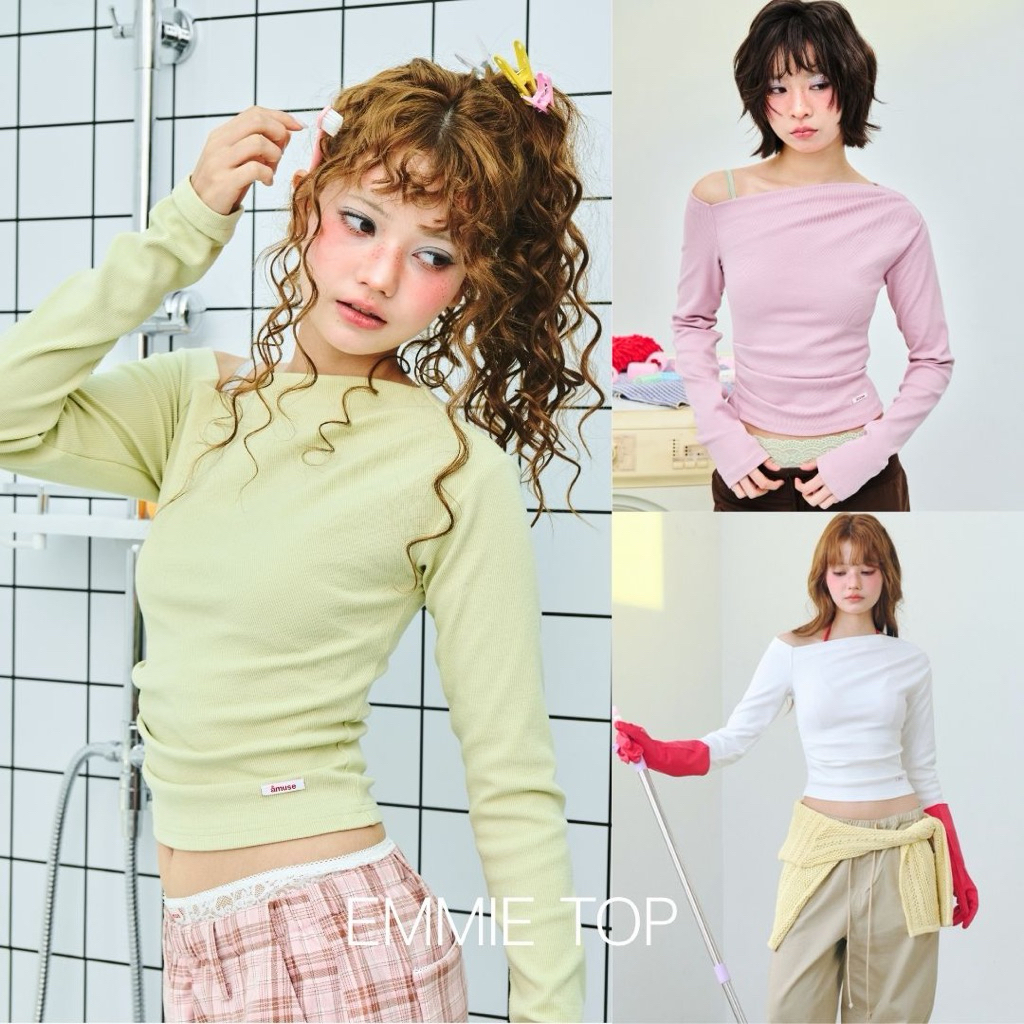 AMUSE BKK - Emmie Top เสื้อแขนยาวดีไซน์คอปาดทรงเฉียง ผ้าคอตตอลทอลายร่องละเอียด เนื้อนุ่มยืดหยุ่น ใส่สบาย