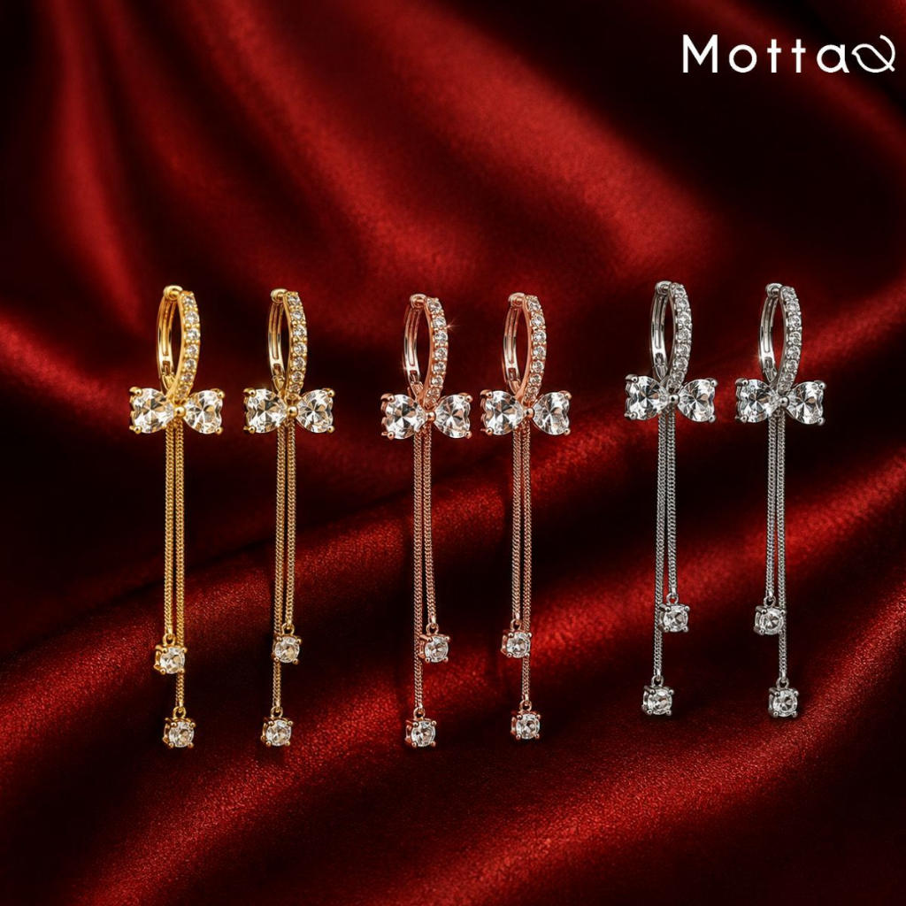 Motta Earring ต่างหูห่วงชุบทองคำขาว ห่วงห้อยระย้าลายโบว์ สไตล์เกาหลีเกาใจ
