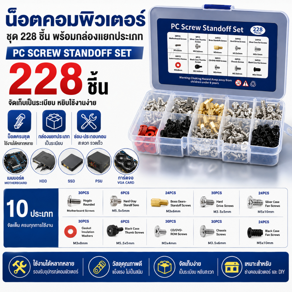 น๊อตคอมพิวเตอร์ 228 ชิ้น พร้อมกล่อง สกรูเมนบอร์ด HDD SSD PSU การ์ดจอ Computer Screw Kit