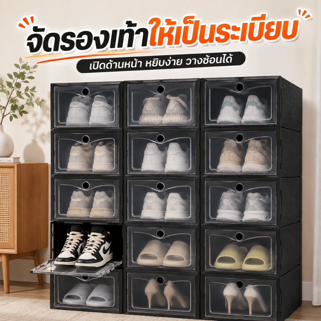 กล่องใส่รองเท้า กล่องรองเท้าพลาสติกแบบพับได้ ฝาเปิดหน้า ซ้อนกันได้ ช่วยป้องกันฝุ่น ประหยัดพื้นที่