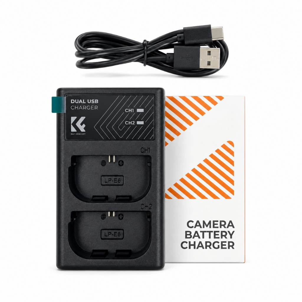 K&F Concept แท่นชาร์จแบตกล้อง Canon LP-E6 แบบ 2 ช่อง Dual USB Charger พร้อมสาย USB Type-C รองรับ LP-