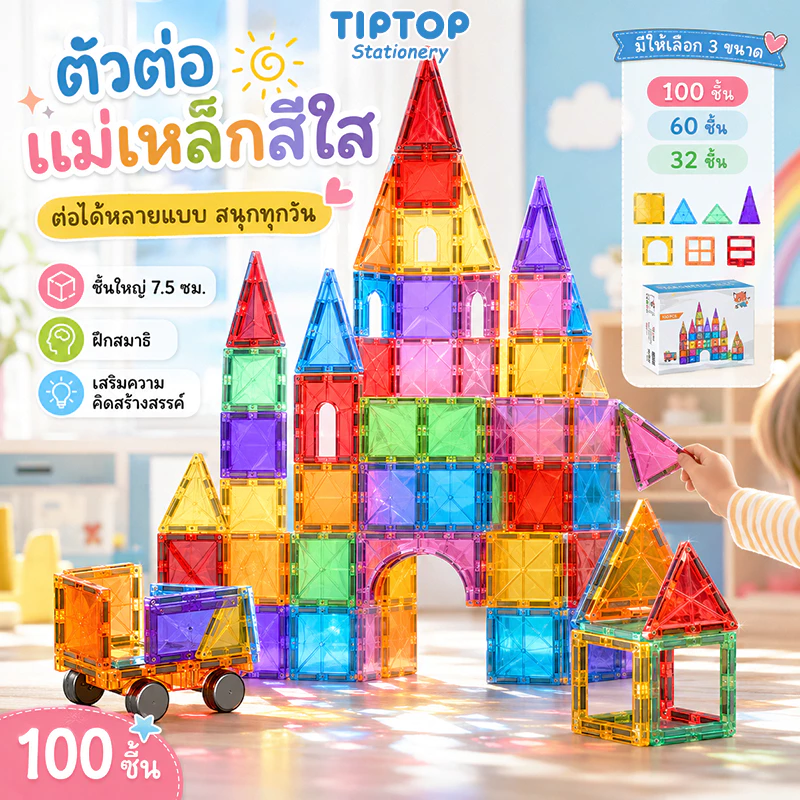 ชุดบล็อกแม่เหล็กขนาดใหญ่ เสริมทักษะเด็กชายเด็กหญิง | ของเล่นเสริมพัฒนาการสุดสร้างสรรค์ Magnetic Tiles STEM 3+
