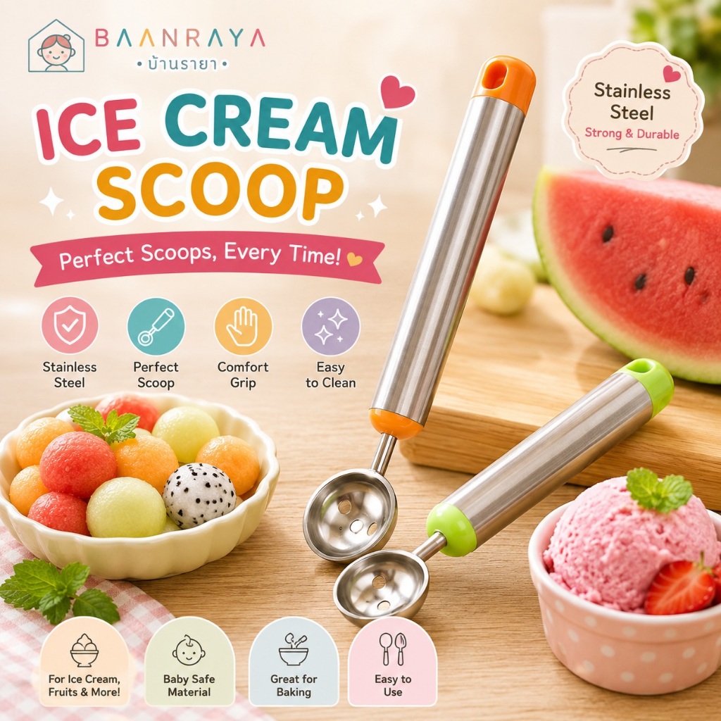 ช้อนสกู๊ปไอศกรีม สแตนเลส ช้อนคว้านผลไม้ แตงโม Melon Baller Ice Cream Scoop Fruit Scoop อุปกรณ์ทำขนม Baan Raya