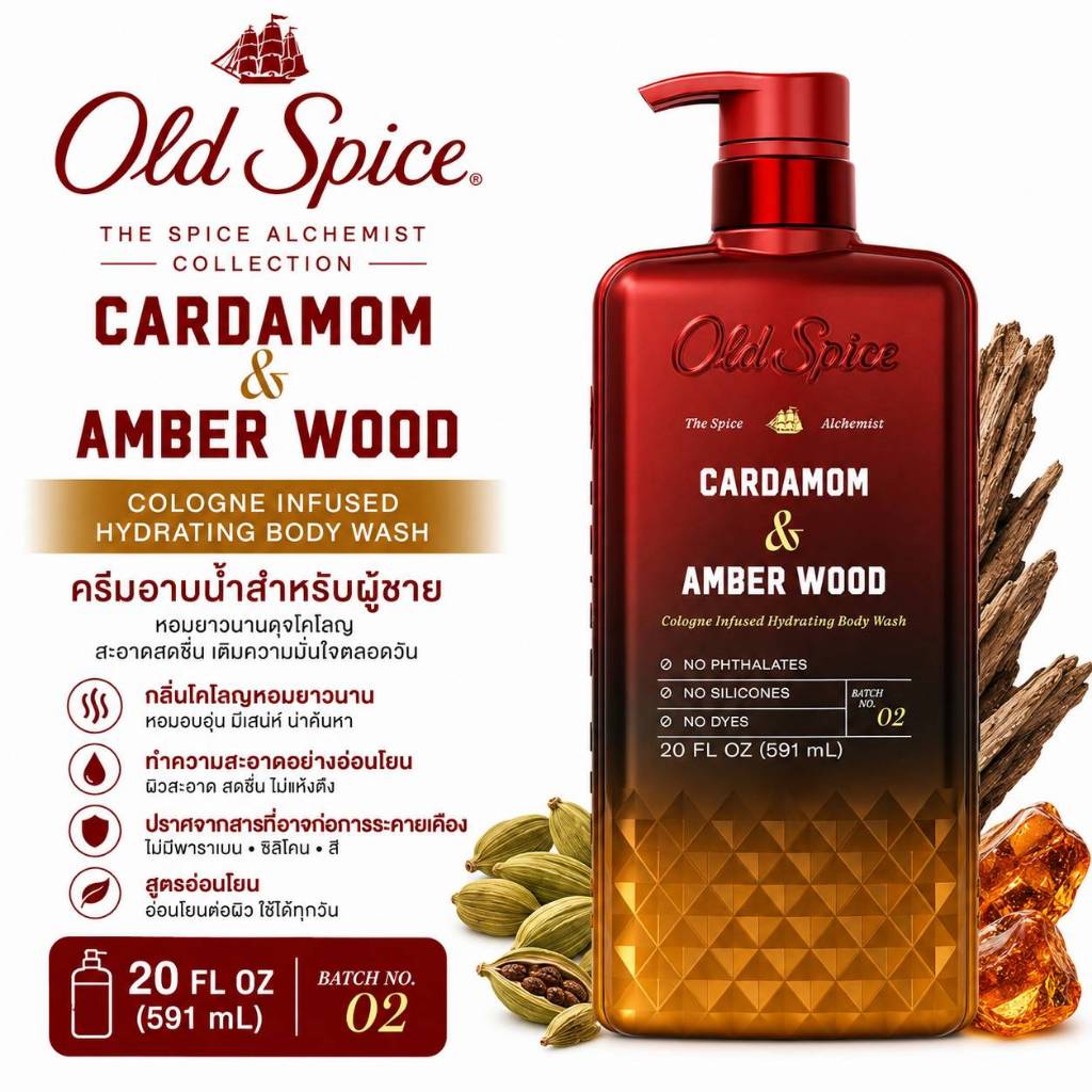Old Spice Body Wash The Spice Alchemist Cardamom & Amber Wood ครีมอาบน้ำผู้ชายกลิ่นไม้อำพัน หอมหรู อ