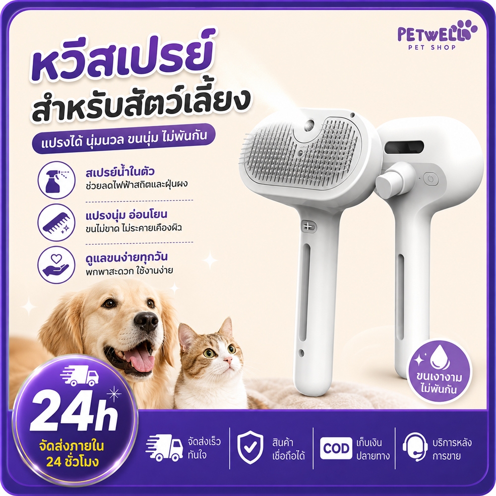 PETWELL หวีสัตว์เลี้ยง แปรงไอน้ํา แมว สุนัข ผม น้ํายาล้าง เครื่องหนีบผมไร้สาย