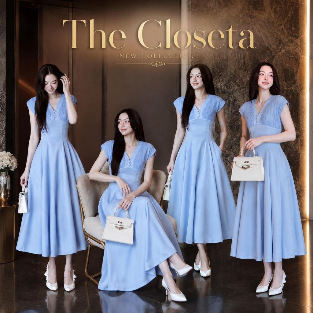 THE CLOSETA : LB26 ชุดเดรสคอวีทรงแขนล้ำช่วงอกอัดพลีท กระโปรงบาน ผ้าสูททรงสวย