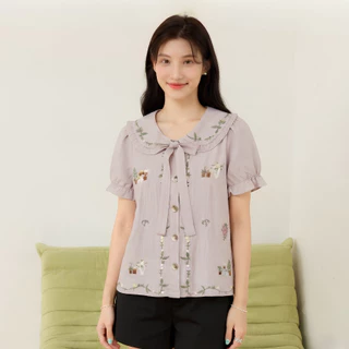 Glucoat | [A872] เสื้อคอบัวสีม่วงแขนตุ๊กตา ปักลายดอกไม้ พร้อมเชือกผูกโบว์ กระดุมหน้าใช้งานได้จริง