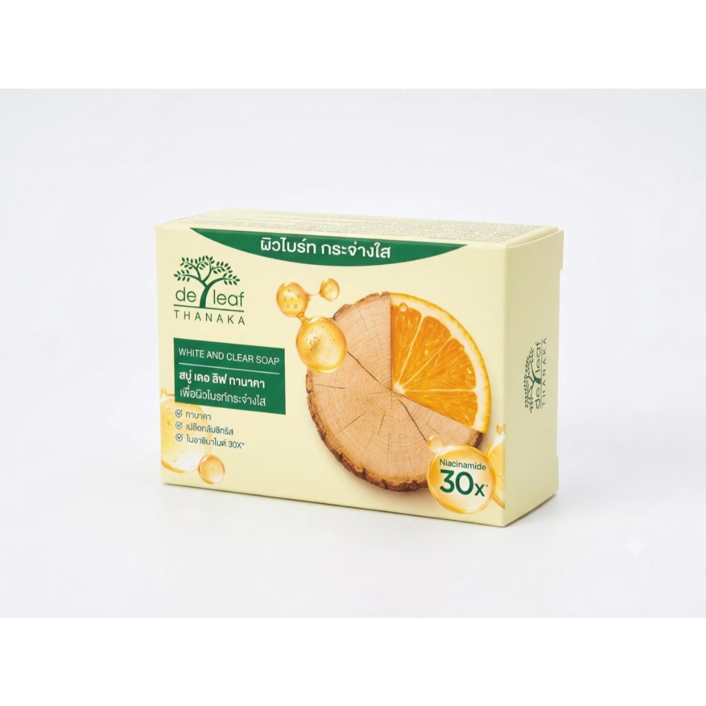 สบู่เดอ ลีฟ ทานาคา มอยส์เจอร์ไรซิ่งแอนด์ไวท์เทนนิ่ง 100กรัม Thanaka Moisturizing & Whitening Soap