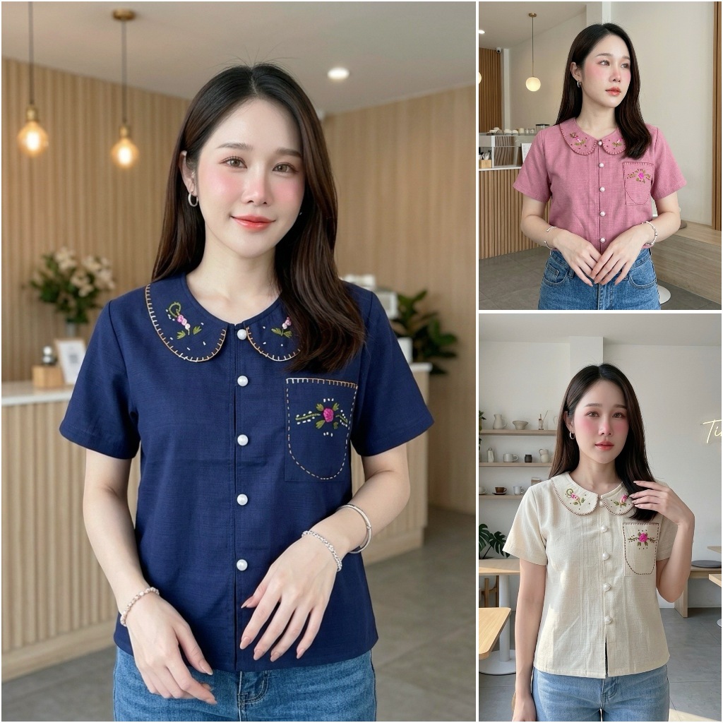 เสื้อผ้าฝ้ายผู้หญิง คอบัวปักดอก แต่งกระดุมมุก เสื้อปักมือ Handmade