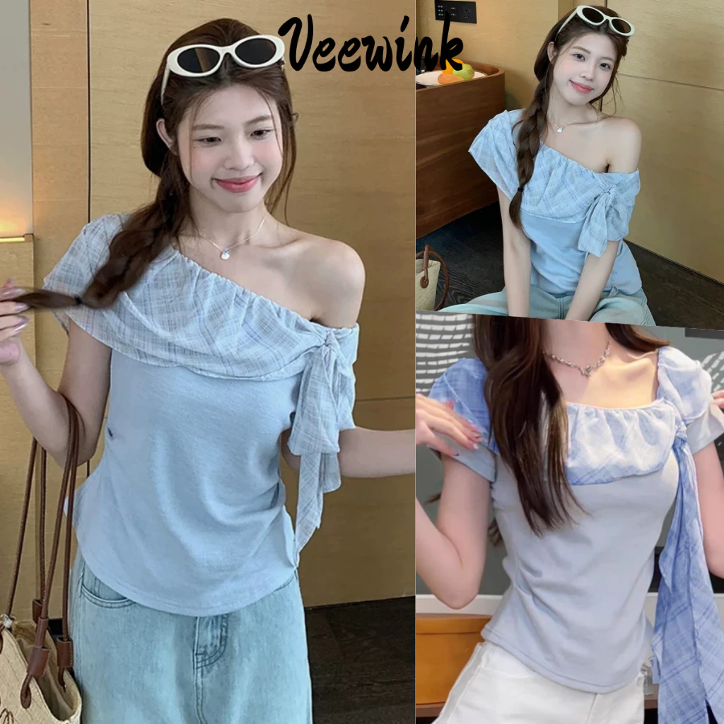 Veewink พร้อมส่งจากกรุงเทพฯ เสื้อสีฟ้าผู้หญิงน่ารักๆ แขนจีบ เสื้อแขนสั้นเอวลอย ลายสีตัดกัน ทรงกระชับตัว