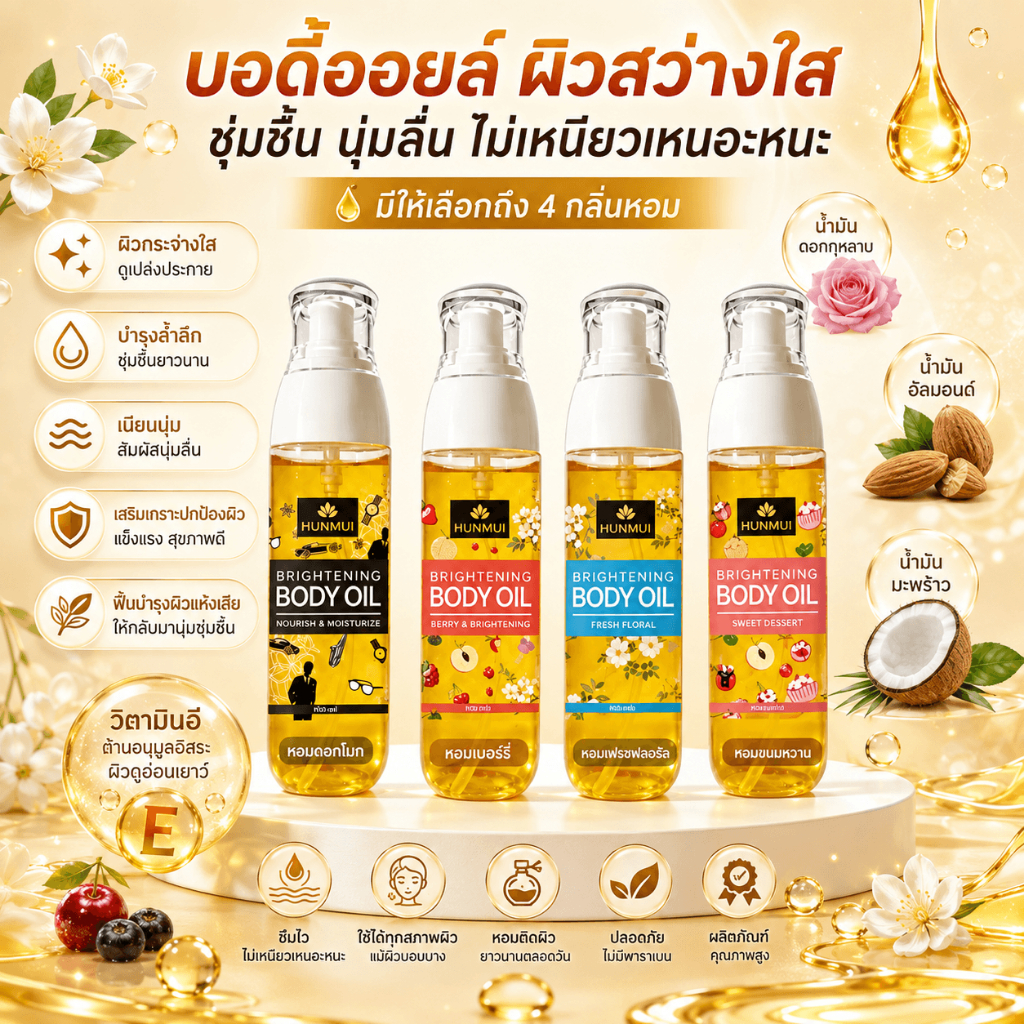【สินค้าขายดีมาก】Brightening body oil น้ำมันบำรุงผิว ผิวกระจ่างใส ชุ่มชื้น วิตามิน E ซึมไว ไม่เหนียวเหนอะหนะ