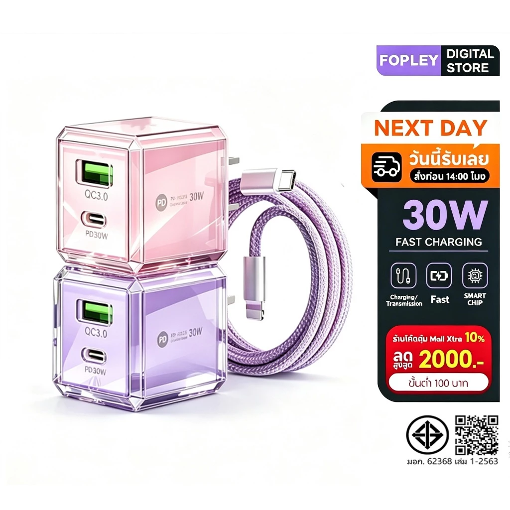 【รับประกัน 1 ปี】หัวชาร์จเร็วไอโฟน 30W GaN หัวชาร์จเร็ว iP รองรับเทคโนโลยี PD PPS