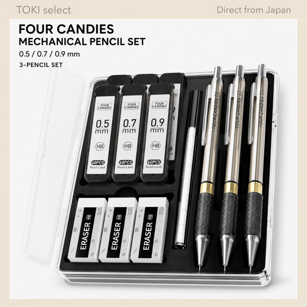 Four Candies Metal Mechanical Pencil Set 3PCS HB Lead Refills Case Set 0.5 0.7 0.9mm Options