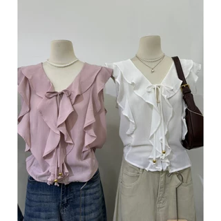 M2129 เสื้อแขนระบายแต่งระบายหน้า ดีเทลผูกโบว์สุดคิ้วท์