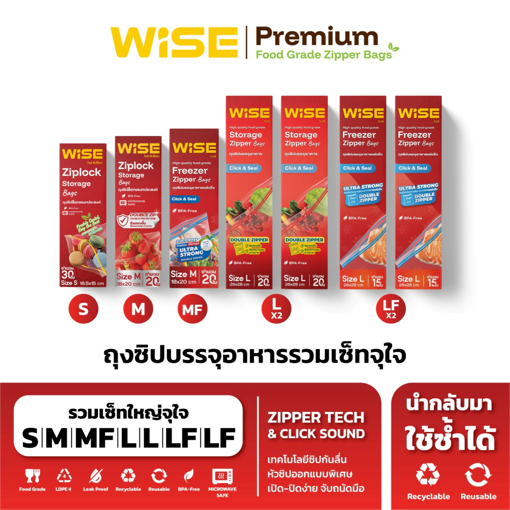 WISE (ไวส์) ถุงซิปอเนกประสงค์ แพ็กรวมเซ็ทใหญ่ จุใจ S M MF L L LF LF
