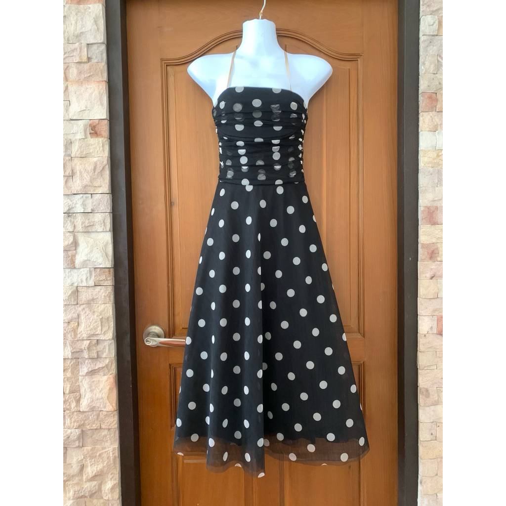 เดรสกระโปรงยาว BCBG MAXAZRIA Polka Dot Tulle Midi Strapless Dress PDN60649 สีลายจุด มือสอง ไซส์ XXS/