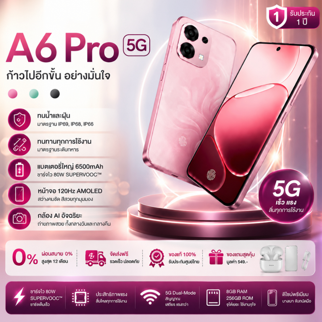 A6 Pro 5G RAM 8GB ROM 256GB | หน้าจอ AMOLED 6.57 นิ้ว 120Hz | แบตเตอรี่ 6500mAh | ชาร์จไว 80W | กล้อ
