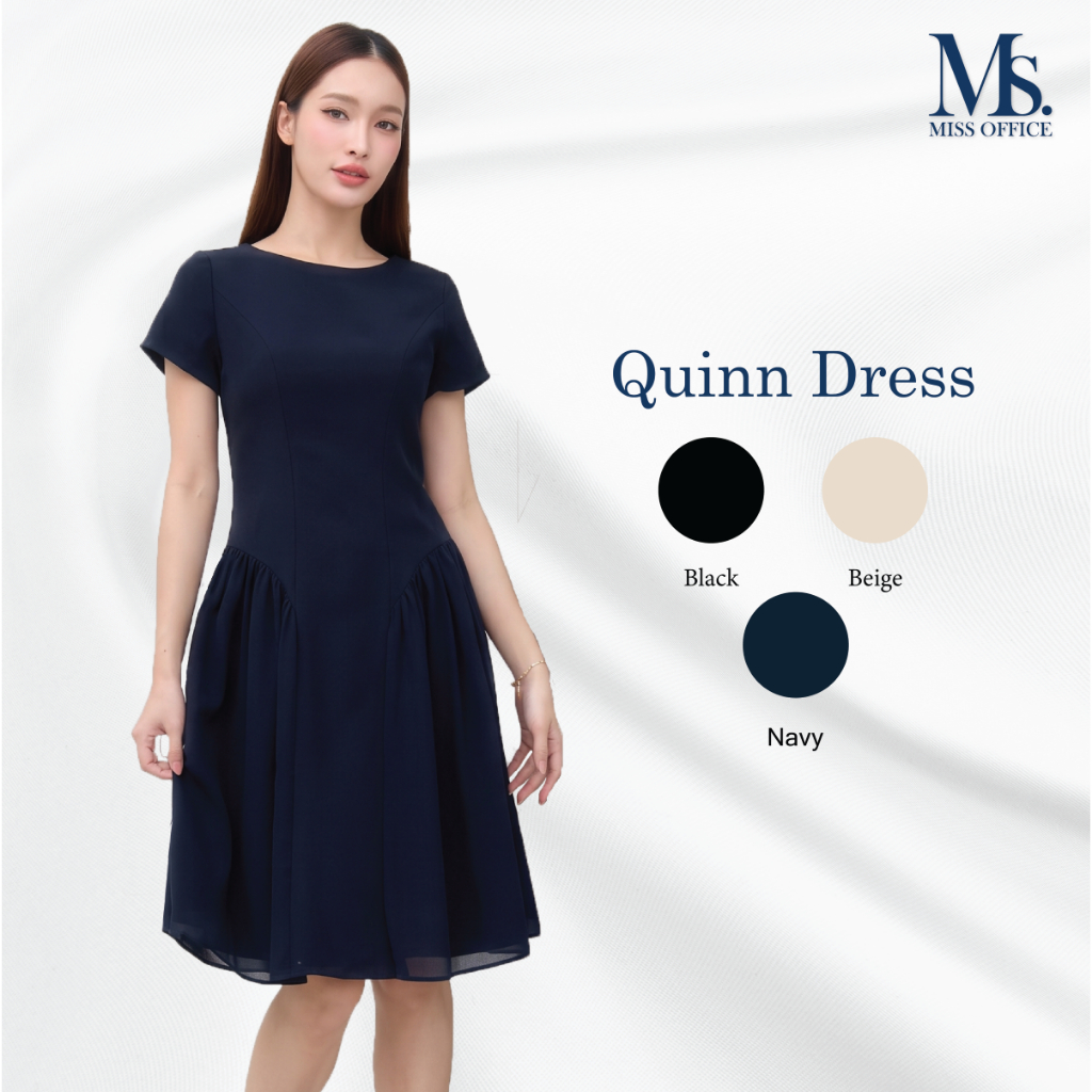Miss Office เดรสมีแขนคอกลมทรงปาดแต่งตัดต่อ (Quinn Dress) (FD-023)