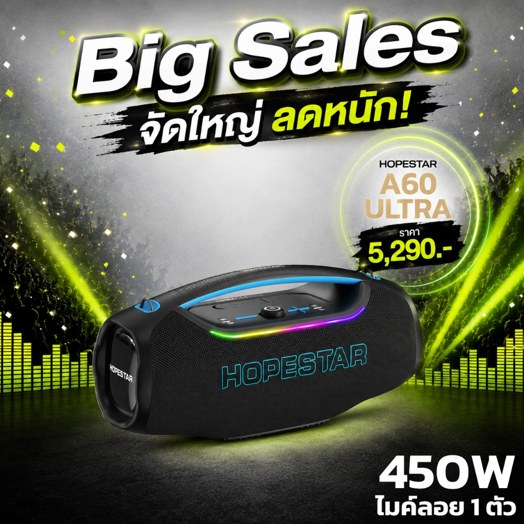HOPESTAR A60 ULTRA ลำโพงบลูทูธ 450W ลำโพง 6 ดอก RGB เบส 3 โหมด กันน้ำ พร้อมไมโครโฟน 1 อัน ของแท้ 100