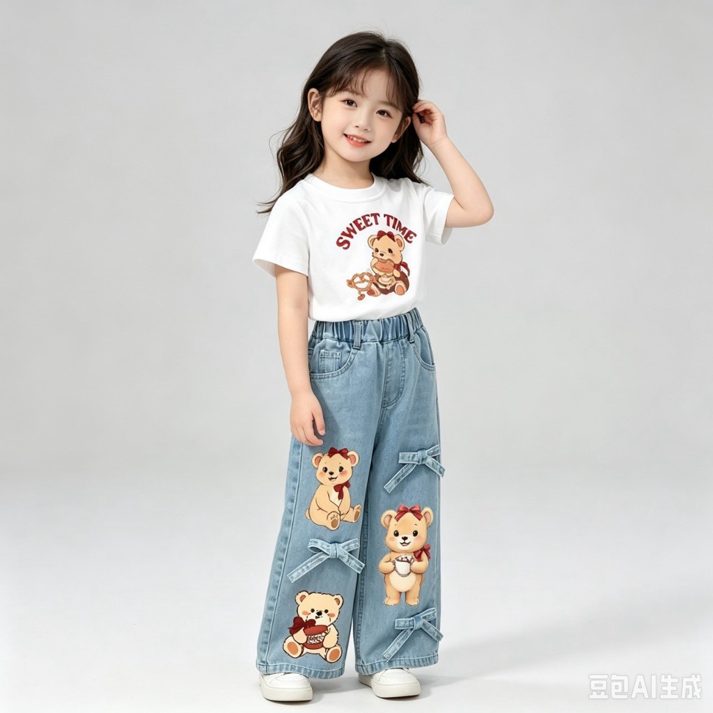 BB366 เช็ตคู่เสื้อยืด + กางเกงยีนส์เด็กผู้หญิง กางเกงขายาวลายการ์ตูนหมีกระต่าย น่ารัก ใส่คู่เสื้อยืด รูปที่ 2