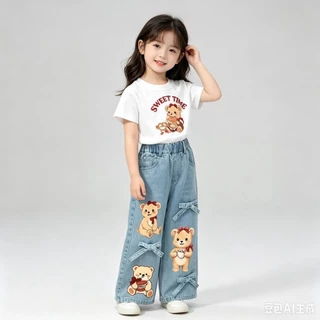 BB366 เช็ตคู่เสื้อยืด + กางเกงยีนส์เด็กผู้หญิง กางเกงขายาวลายการ์ตูนหมีกระต่าย น่ารัก ใส่คู่เสื้อยืด