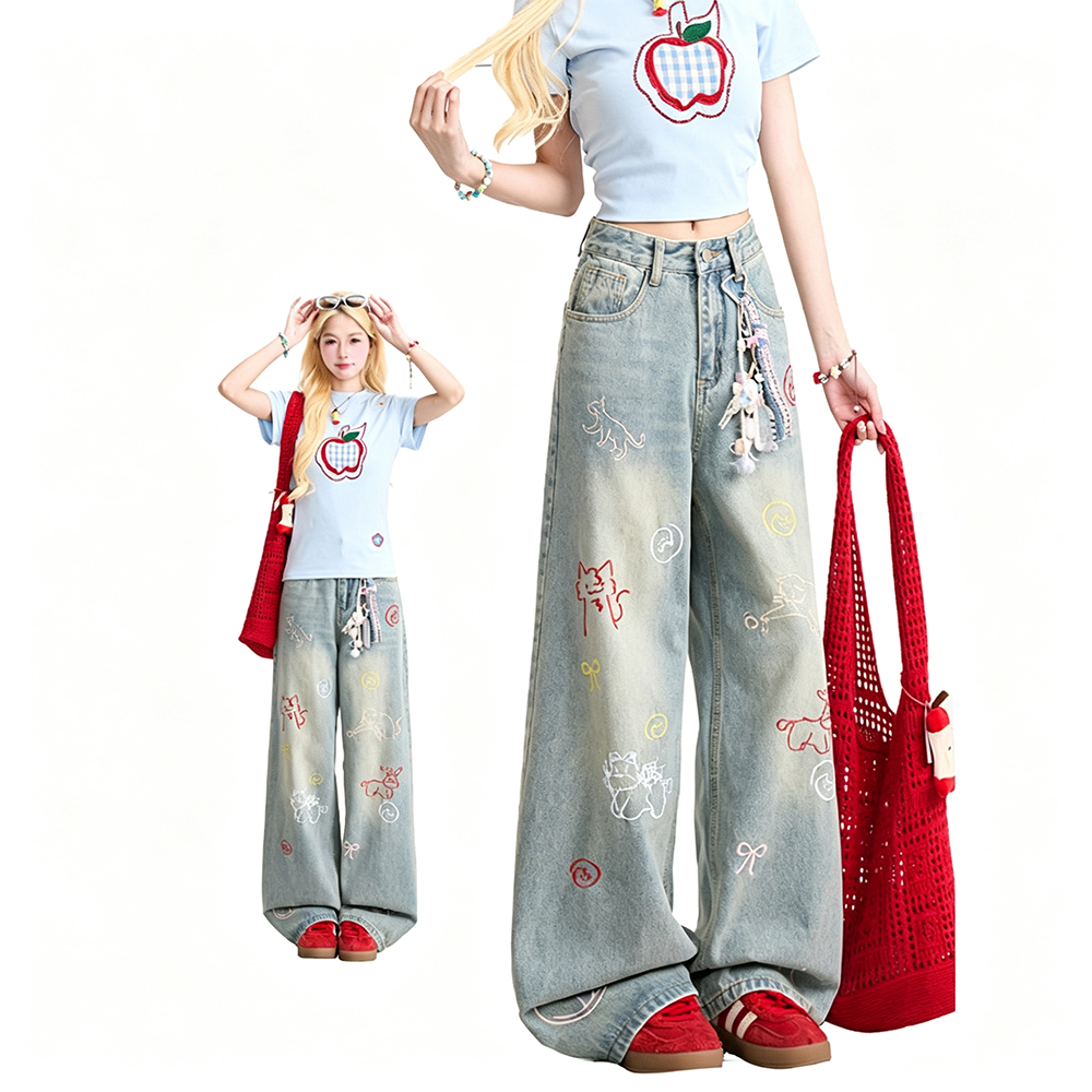 S~5XL Baggy jeans Graffiti Embroidery Design กางเกงยีนส์ขากว้างปักลายการ์ตูน เอวสูง ทรงหลวม ยาวถึงพื้น มี 2 สี HOT
