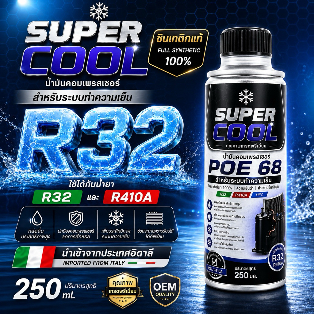 น้ำมันคอมเพรสเซอร์ POE 68 100% FULL SYNTHETIC สำหรับระบบปรับอากาศ R32 และ R410A นำเข้าจากประเทศอิตาลี250ml [127]