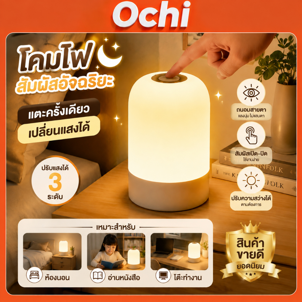 Ochi โคมไฟ โคมไฟไร้สาย  ชาร์จไฟกลางคืน3โหมดลดแสงตารางโคมไฟห้องนอนป้องกันดวงตาสําหรับของขวัญเด็ก นํา หนังสือ