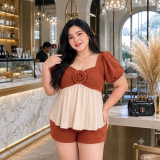 (โปรเดือน 8.8 .) C25ชุดเซตพราวกุหลาบ-ขาสั้น ผ้าท๊อฟฟี่ ชุดเซตสาวอวบใส่สบาย
