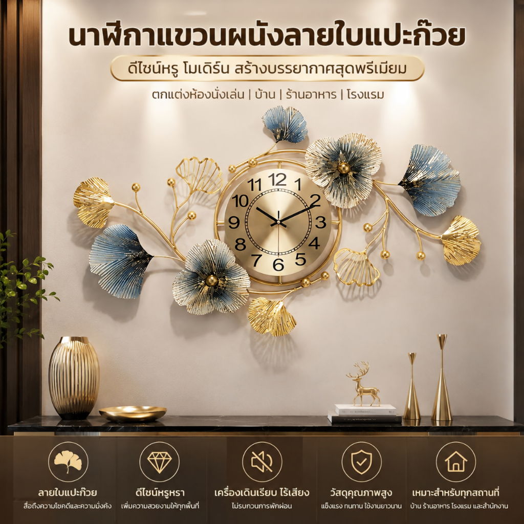 พร้อมส่ง นาฬิกาแขวนผนังใบแปะก๊วย ศิลปะตกแต่งบ้าน สไตล์โมเดิร์นหรู สำหรับห้องนั่งเล่น ห้องอาหาร และสำนักงาน