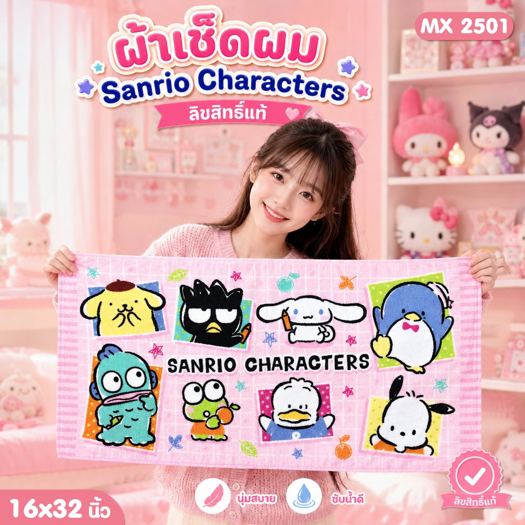 "ของแท้ 100%" ผ้าขนหนู SANRIO MIX CHARACTERS MX-2501 ขนาด 16x32 นิ้ว(เช็ดผม)