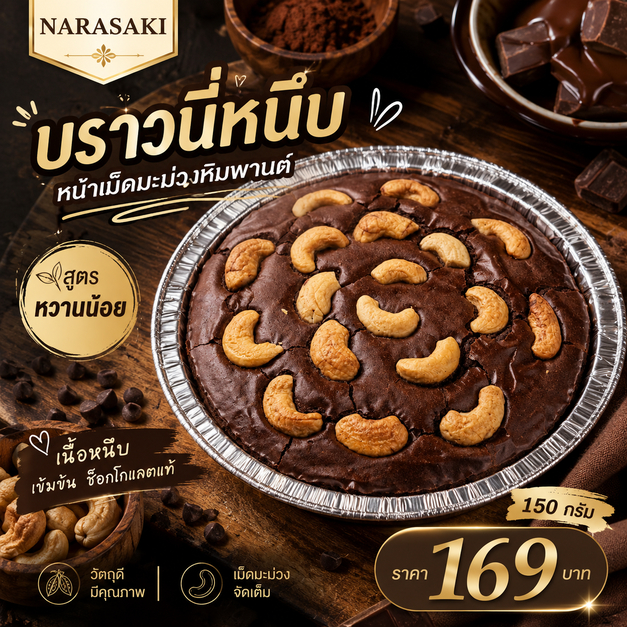 บราวนี่หนึบหน้าเม็ดมะม่วงหิมพานต์ สูตรหวานน้อย/Chewy 150 กรัม NARASAKI ราคา 169 บาท