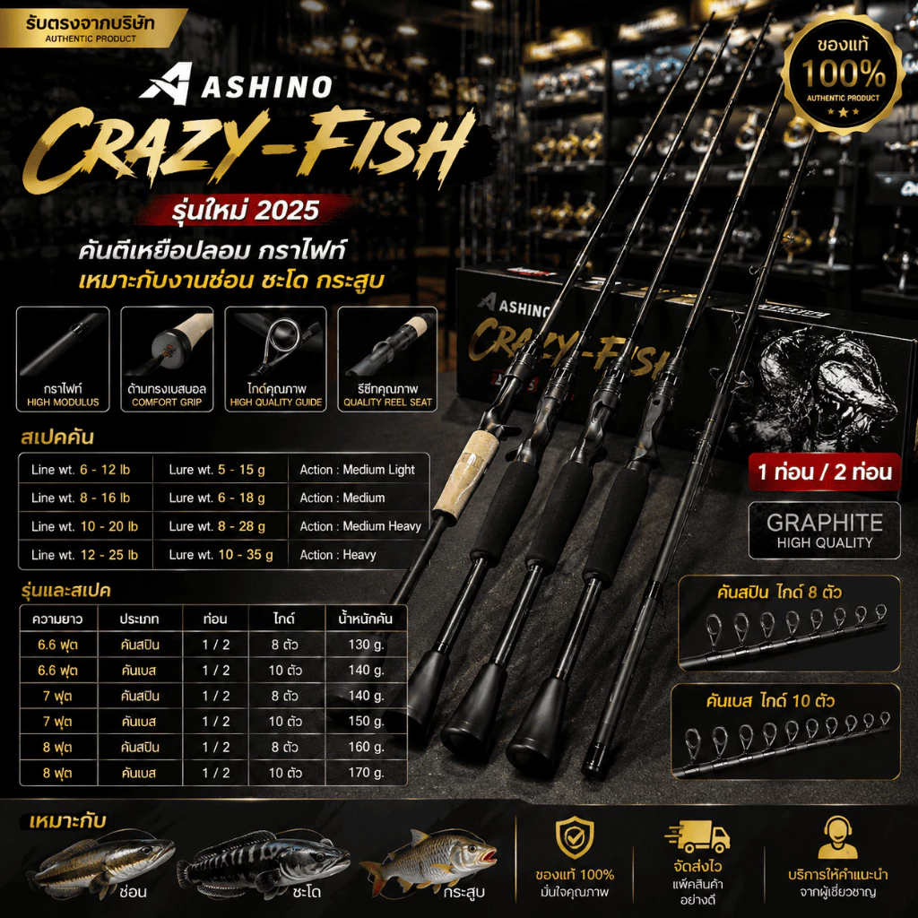 [ รับตรงจากบริษัท ] คันตีเหยื่อปลอม Ashino Crazy-Fish รุ่นใหม่ 2025 คันกราไฟท์ 6.6-8 ฟุต คันสปิน คันเบส ตกช่อน ชะโด
